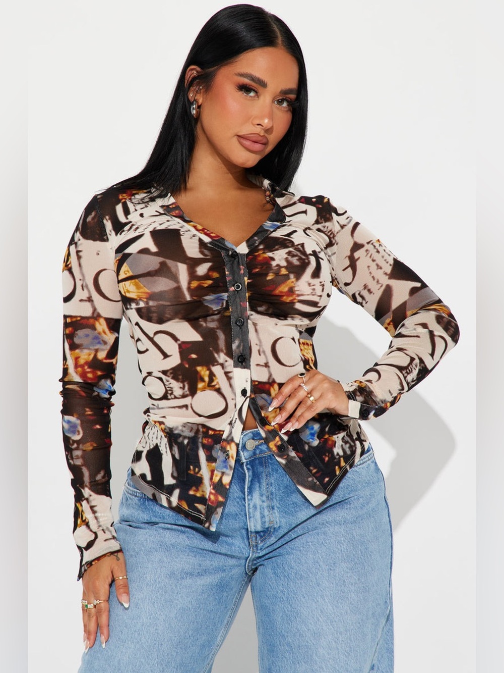 Sheer Fashion Nova All Talk Button Up Top size M